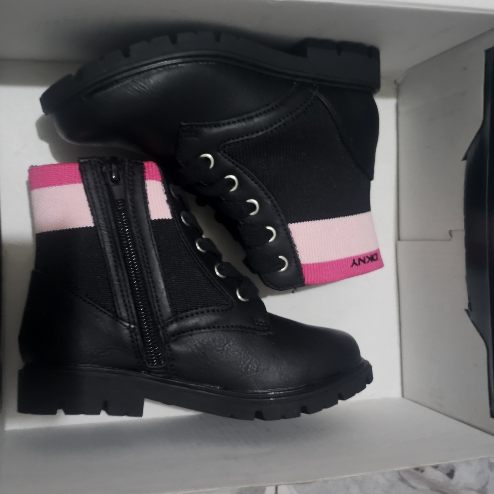 DKNY pink knit and black boots.